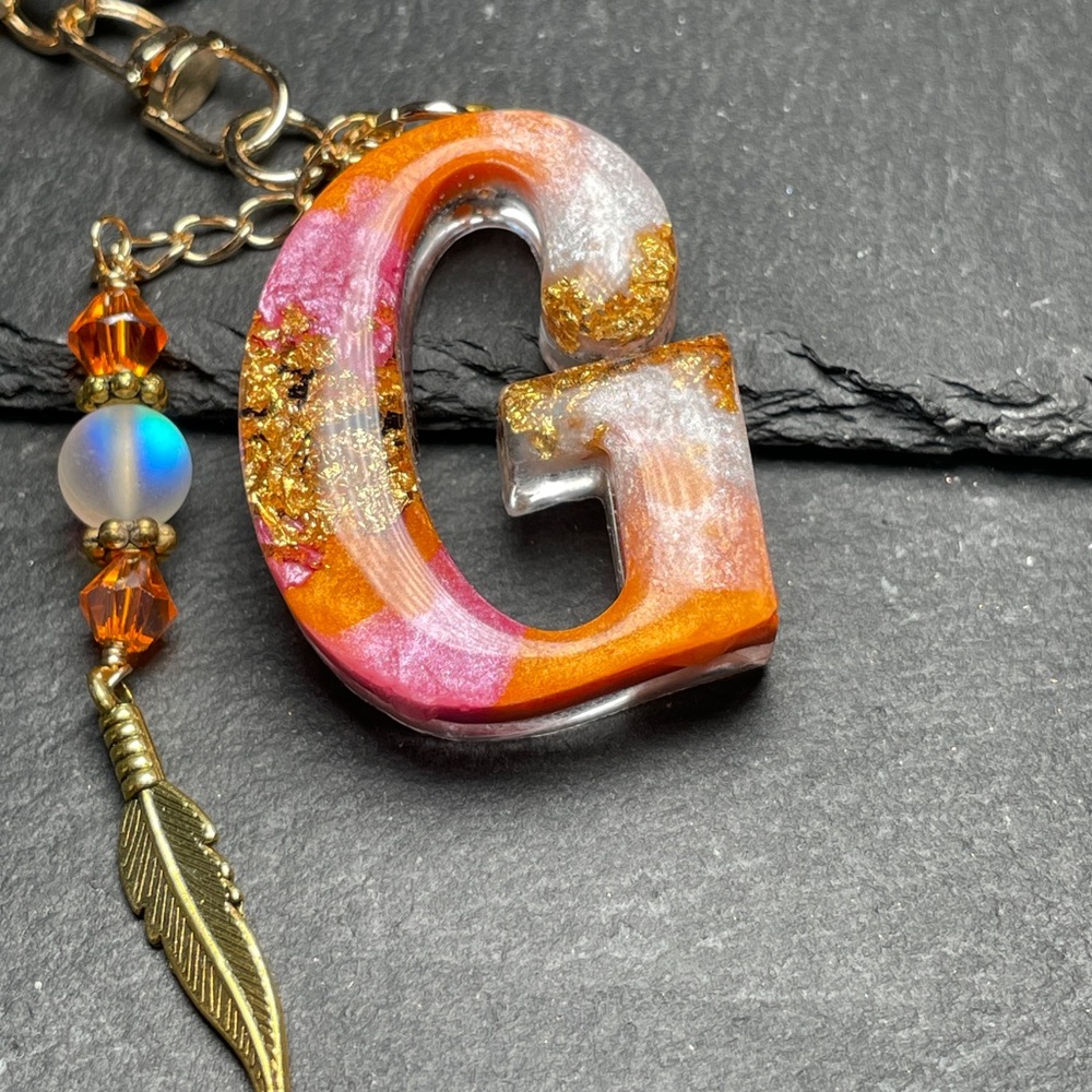 Custom Orange And Pink Initial Letter “G” Keychain with Gold Accents - Picture 3 of 6